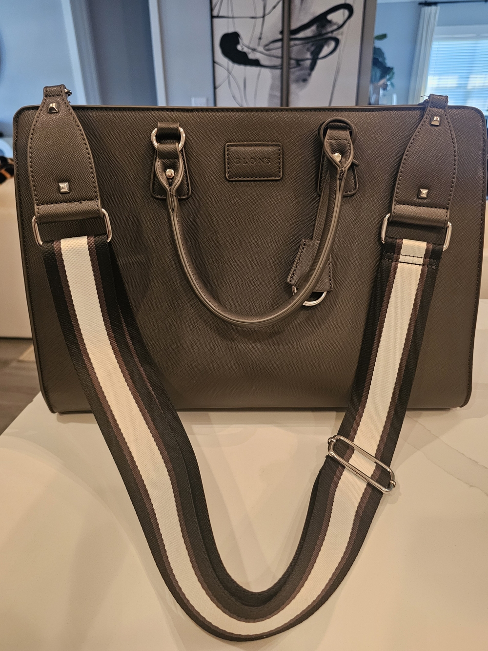 Gray Structured Laptop Satchel with Striped Adjustable Strap